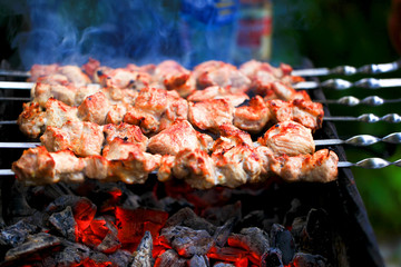 Meat And Vegetable Kebabs On The Hot BBQ Grill. Flaming Charcoal In The Background. Snack For Outdoor Summer Barbeque Party.Family dinner in the open air.