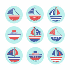 Cartoon stickers with colored boats in the sea. Children's drawing. Vector illustration