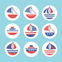 Cartoon stickers with colored boats in the sea. Children's drawing. Vector illustration