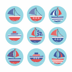 Cartoon stickers with colored boats in the sea. Children's drawing. Vector illustration