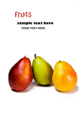 Yellow red and green pears isolated on a white background with text space.  Healthy organic snacks. Text space