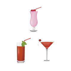 Collection of fruit cocktails (mint, raspberry, cherry),on white background, for decoration design,