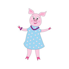 Fototapeta premium Hand drawn vector illustration of a cute funny piggy girl in a blue dress. Isolated objects.Vector illustration of Cute pig cartoon posing. miss/woman pig flat design. Concept for children print.