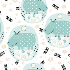 Childish seamless pattern. Hippo and dragonflies. Hippopotamus in a swamp with water lilies. Vector texture in doodle style great for fabric and textile, wallpapers, backgrounds. Childish style.