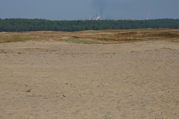 Fototapeta na wymiar Pustynia Błędowska, Polska, piaszczysty teren, na horyzoncie sucha trawa i zielony las, rozmyte wysokie kominy fabryki, huty