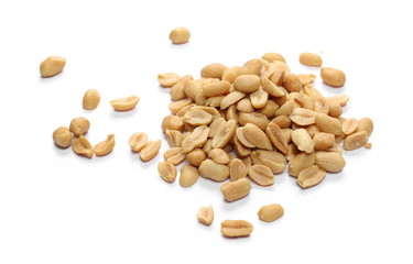 Salty peanuts, pile isolated on white background