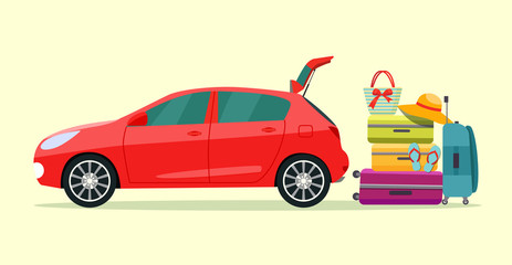Fototapeta premium Suitcase, bags and other luggage next to the trunk of the car. Vector flat style illustration