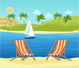 Fototapeta na wymiar Two deck chairs on the beach. Tropical landscape. Vector flat style illustration