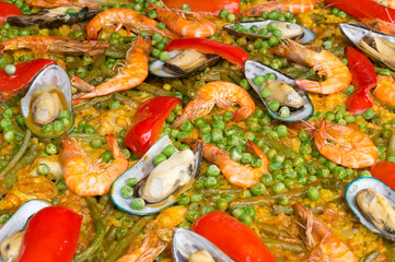 Seafood paella on a giant frying pan