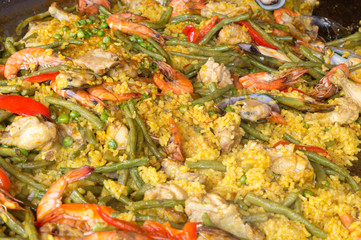 Seafood paella on a giant frying pan