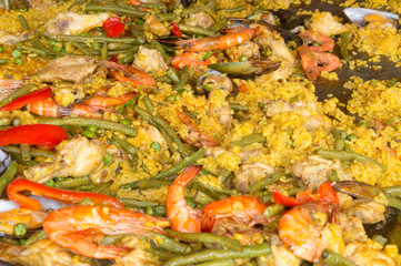 Seafood paella on a giant frying pan