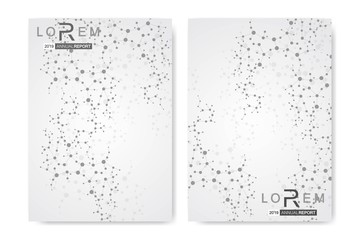 Scientific brochure design template. Vector flyer layout, Molecular structure with connected lines and dots. Scientific pattern atom DNA with elements for magazine, leaflet, cover, poster design.