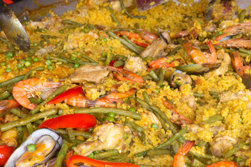 Seafood paella on a giant frying pan