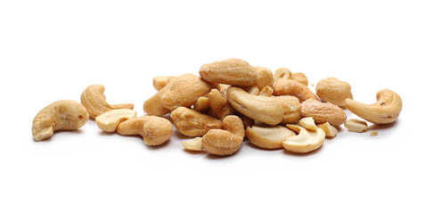 Salted cashew nuts isolated on white background