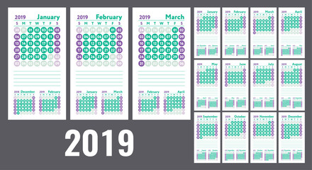 Calendar 2019. Vector English quarterly calender. January, February, March, April, May, June, July, August, September, October, November, December. Sunday. Ready design template. Planner. Planning