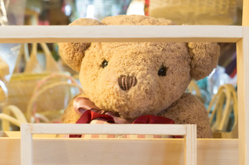 Grey teddy bear with wooden frame
