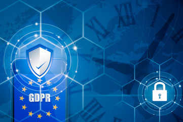 Padlock over smartphone and EU flag inside mobile phone and EU map, symbolizing the EU General Data Protection Regulation or GDPR. Designed to harmonize data privacy laws across Europe.