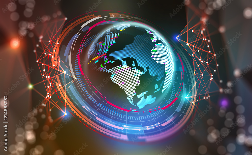 Aufkleber hud. big data concept. cyberspace planet. global communication. 3d illustration on a colorful backgr