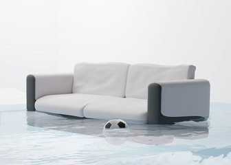 flooded water damage due to flooding in the house 3d-illustration
