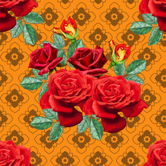 Red roses and Thai graphic flower  seamless pattern,vector illustration