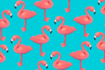 Kreatives rosa Flamingomuster auf blauem Hintergrund. Hintergrund der abstrakten Kunst. Minimales Sommerkonzept. © Zamurovic Brothers
