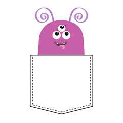 Purple monster silhouette in the pocket looking up. Cute cartoon scary funny baby character. T-shirt design. Eyes, fang tooth, tongue. White background. Happy Halloween. Flat design.