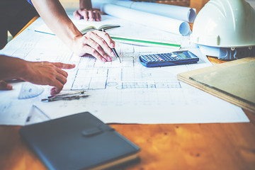 Architect Engineer Design Working on Blueprint Planning Concept. Construction Concept