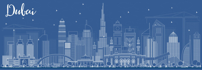 Naklejka premium Outline Dubai UAE Skyline with White Buildings.