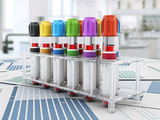 Blood vials with vibrant colored lids standing on medical forms. 3D illustration