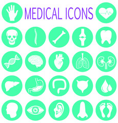Fototapeta na wymiar Medical health care. Human medicine research. Set medical icons with abstract human organs and parts of body. Isolated signs for healthcare Infographic. Vector illustration