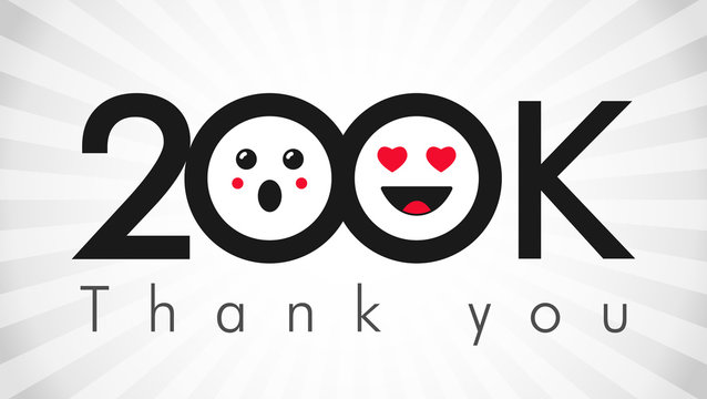 Thank you 200 000 followers logotype. Congratulating black and white colours networking thanks, net friends abstract image, customers 200 000k sign, % percent off discount. Isolated smiling people.