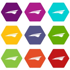 Origami airplane icons 9 set coloful isolated on white for web