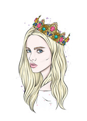 Beautiful girl in crown. Girl with long hair. Vector illustration for a postcard or a poster, print for clothes. Fashion & Style. Vintage.
