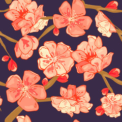 Seamless background pattern of pink Sakura blossom or Japanese flowering cherry symbolic of Spring