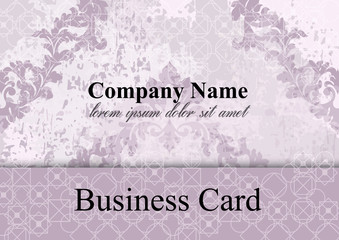Business card template Vector. Baroque damask. Royal fabric background. Luxury decors purple colors
