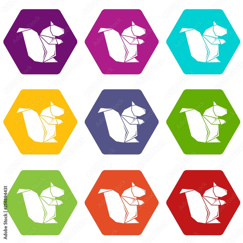 Poster origami squirrel icons 9 set coloful isolated on white for web