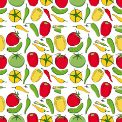 vegetable seamless pattern. Cucumbers, tomatoes and peppers isolated on white background