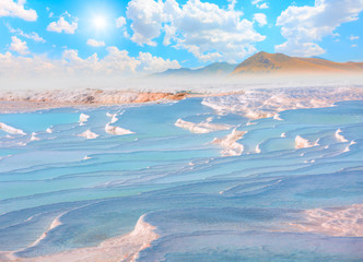 Natural travertine pools and terraces in Pamukkale. Cotton castle - Southwestern Turkey,