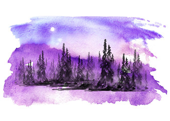 Watercolor landscape, forest landscape Picture of a pine forest, a black silhouette of trees and bushes, against a background of blue, purple sky, frozen river. Watercolor logo.