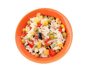 Bowl with tasty boiled rice and vegetables on white background