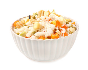 Bowl with tasty boiled rice and vegetables on white background