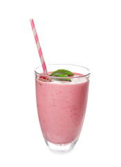 Glass with tasty raspberry smoothie on white background