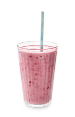 Glass with tasty raspberry smoothie on white background