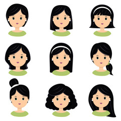 Beautiful young woman with black hair. Different hairstyle and haircuts for salon vector icon set, isolated on white background.