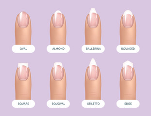 Set of simple realistic natural manicured nails with different shapes. illustration for your graphic design.