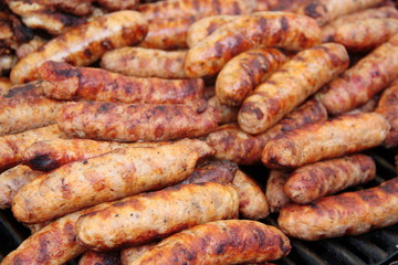 Romanian traditional grilled sausages sold on a street food stall