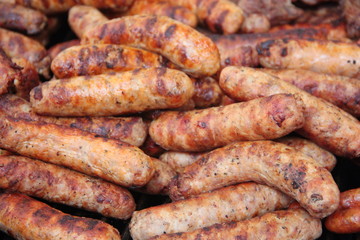 Romanian traditional grilled sausages sold on a street food stall