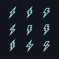 set of the bolts of lightning. neon flash icons. Thunder elements. Flat design.