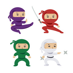 set of the cartoon colored ninjas with katana sword, martial arts poses. clip art illustration. © DiBronzino