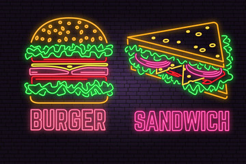 Retro neon burger and sandwich sign on brick wall background. Design for fast food cafe.